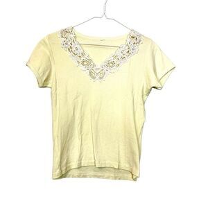 Style & Co Floral Crochet Trim V-neck Short Sleeve Top Yellow Small